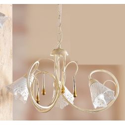 2207.3 LAMPADARIO 3 LUCI AVORIO CON PARALUMI IN CERAMICA BIANCA TRAFORATA E GOCCE IN VETRO DI MURANO MADE IN ITALY CRISTALENSI C