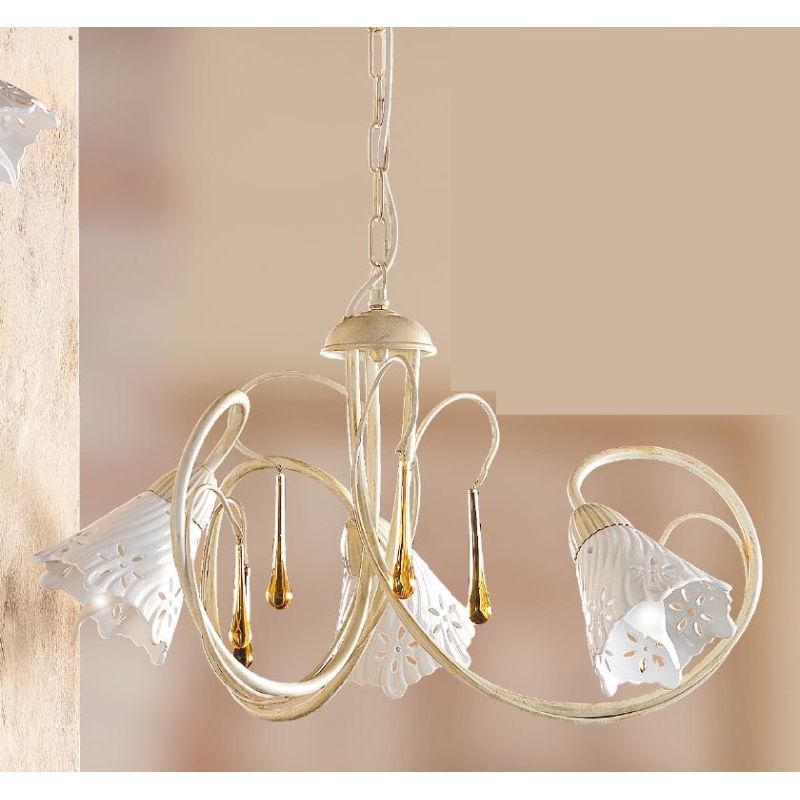 2207.3 LAMPADARIO 3 LUCI AVORIO CON PARALUMI IN CERAMICA BIANCA TRAFORATA E GOCCE IN VETRO DI MURANO MADE IN ITALY CRISTALENSI C