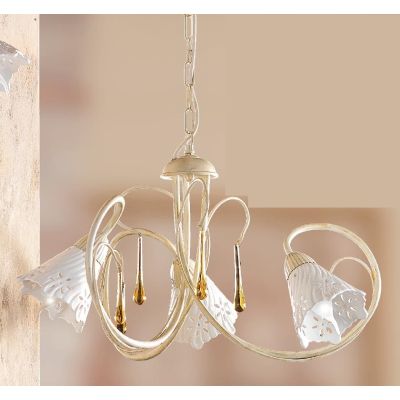 2207.3 LAMPADARIO 3 LUCI AVORIO CON PARALUMI IN CERAMICA BIANCA TRAFORATA E GOCCE IN VETRO DI MURANO MADE IN ITALY CRISTALENSI C