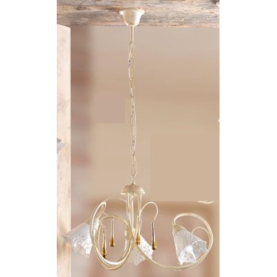 2207.3 LAMPADARIO 3 LUCI AVORIO CON PARALUMI IN CERAMICA BIANCA TRAFORATA E GOCCE IN VETRO DI MURANO MADE IN ITALY CRISTALENSI C
