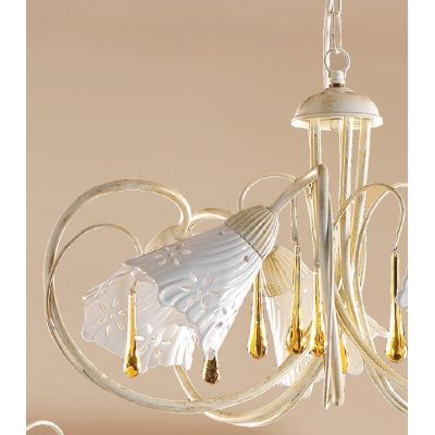 2207.5 LAMPADARIO 5 LUCI AVORIO CON PARALUMI IN CERAMICA BIANCA TRAFORATA E GOCCE IN VETRO DI MURANO MADE IN ITALY CRISTALENSI C