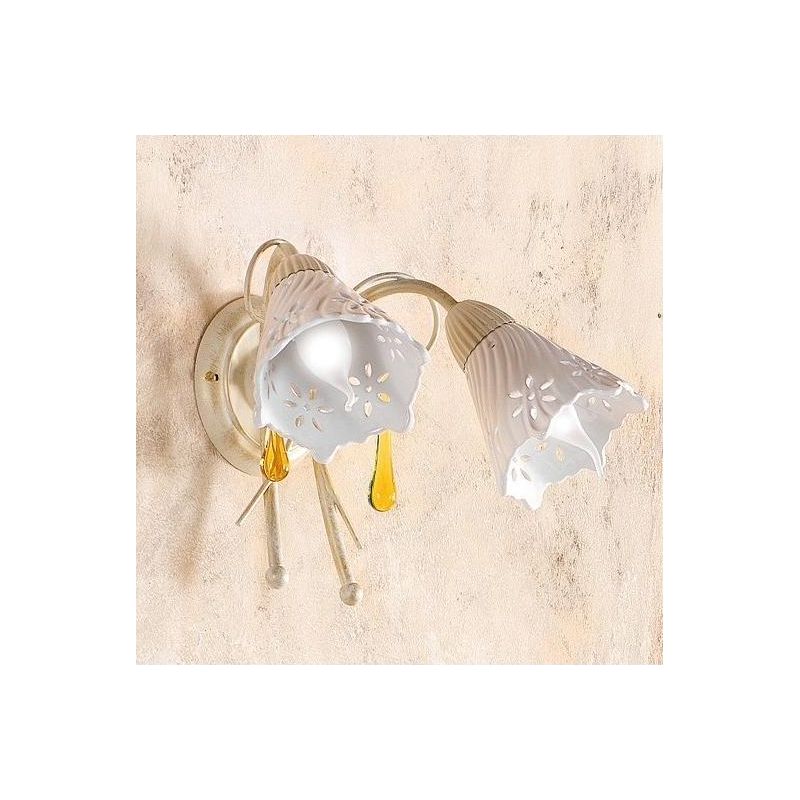 2207.A2 APPLIQUE 2 LUCI AVORIO CON PARALUMI IN CERAMICA BIANCA TRAFORATA E GOCCE IN VETRO DI MURANO MADE IN ITALY CRISTALENSI CE