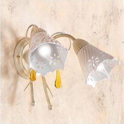 2207.A2 APPLIQUE 2 LUCI AVORIO CON PARALUMI IN CERAMICA BIANCA TRAFORATA E GOCCE IN VETRO DI MURANO MADE IN ITALY CRISTALENSI CE