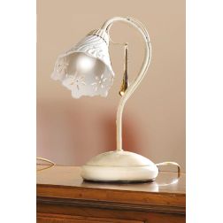 2207.L LAMPADA DA TAVOLO AVORIO CON PARALUME IN CERAMICA BIANCA TRAFORATA E GOCCE IN VETRO DI MURANO MADE IN ITALY CRISTALENSI C