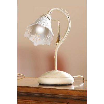 2207.L LAMPADA DA TAVOLO AVORIO CON PARALUME IN CERAMICA BIANCA TRAFORATA E GOCCE IN VETRO DI MURANO MADE IN ITALY CRISTALENSI C