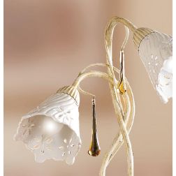 2207.L2 LAMPADA DA TAVOLO 2 LUCI AVORIO CON PARALUMI IN CERAMICA BIANCA TRAFORATA E GOCCE IN VETRO DI MURANO MADE IN ITALY CRIST 2