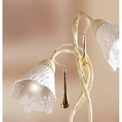 2207.L2 LAMPADA DA TAVOLO 2 LUCI AVORIO CON PARALUMI IN CERAMICA BIANCA TRAFORATA E GOCCE IN VETRO DI MURANO MADE IN ITALY CRIST