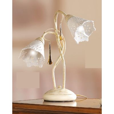 2207.L2 LAMPADA DA TAVOLO 2 LUCI AVORIO CON PARALUMI IN CERAMICA BIANCA TRAFORATA E GOCCE IN VETRO DI MURANO MADE IN ITALY CRIST