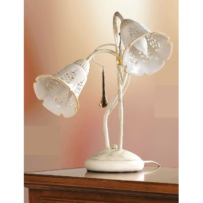2208.L2 LAMPADA DA TAVOLO 2 LUCI AVORIO CON PARALUMI IN CERAMICA BIANCA TRAFORATA E GOCCE IN VETRO DI MURANO MADE IN ITALY CRIST