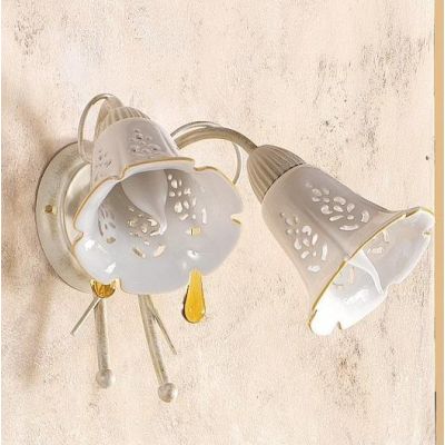 2208.A2 APPLIQUE 2 LUCI AVORIO CON PARALUMI IN CERAMICA BIANCA TRAFORATA E GOCCE IN VETRO DI MURANO MADE IN ITALY CRISTALENSI CE