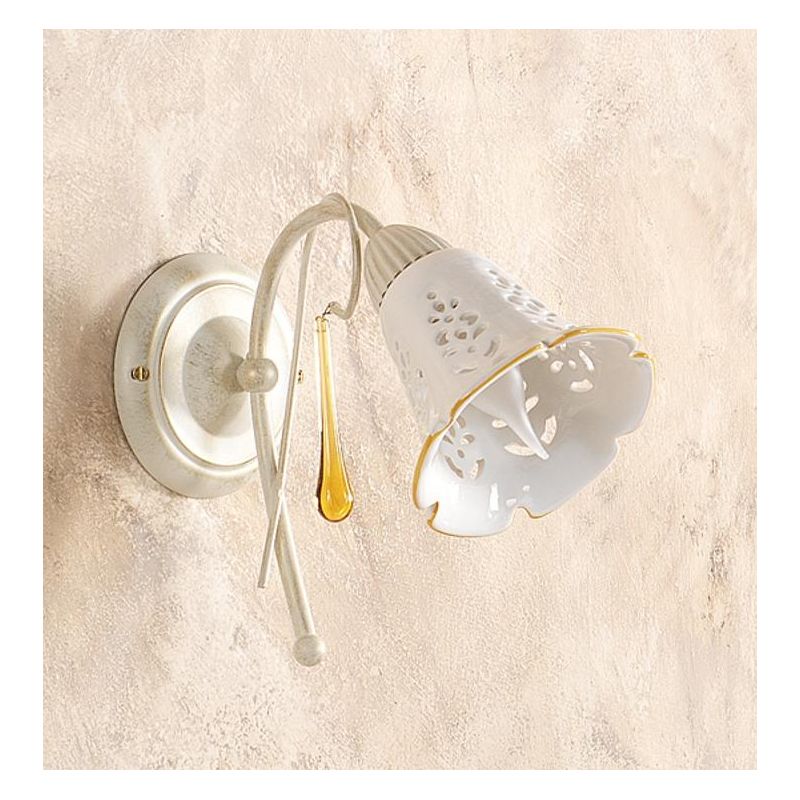 2208.A APPLIQUE AVORIO CON PARALUME IN CERAMICA BIANCA TRAFORATA E GOCCE IN VETRO DI MURANO MADE IN ITALY CRISTALENSI CERAMICA -