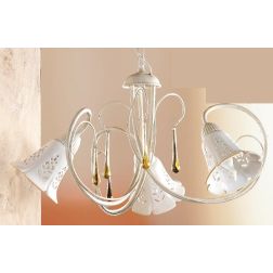 2208.3 LAMPADARIO 3 LUCI AVORIO CON PARALUMI IN CERAMICA BIANCA TRAFORATA E GOCCE IN VETRO DI MURANO MADE IN ITALY CRISTALENSI C