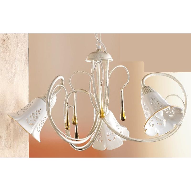 2208.3 LAMPADARIO 3 LUCI AVORIO CON PARALUMI IN CERAMICA BIANCA TRAFORATA E GOCCE IN VETRO DI MURANO MADE IN ITALY CRISTALENSI C