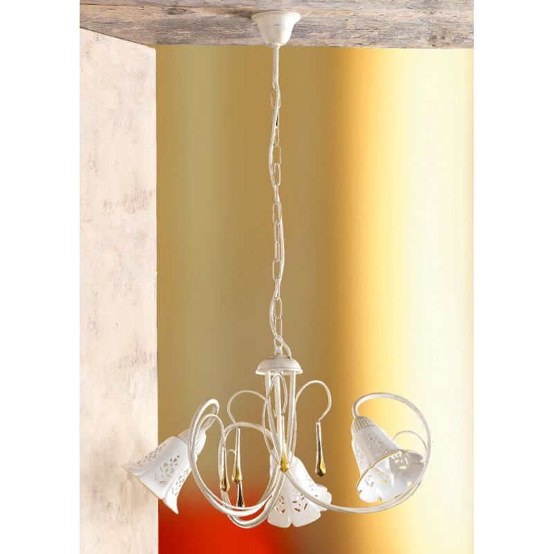 2208.3 LAMPADARIO 3 LUCI AVORIO CON PARALUMI IN CERAMICA BIANCA TRAFORATA E GOCCE IN VETRO DI MURANO MADE IN ITALY CRISTALENSI C