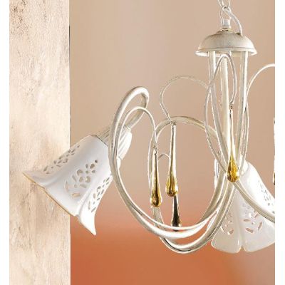 2208.3 LAMPADARIO 3 LUCI AVORIO CON PARALUMI IN CERAMICA BIANCA TRAFORATA E GOCCE IN VETRO DI MURANO MADE IN ITALY CRISTALENSI C