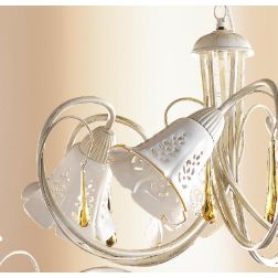 2208.5 LAMPADARIO 5 LUCI AVORIO CON PARALUMI IN CERAMICA BIANCA TRAFORATA E GOCCE IN VETRO DI MURANO MADE IN ITALY CRISTALENSI C 2