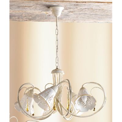 2208.5 LAMPADARIO 5 LUCI AVORIO CON PARALUMI IN CERAMICA BIANCA TRAFORATA E GOCCE IN VETRO DI MURANO MADE IN ITALY CRISTALENSI C