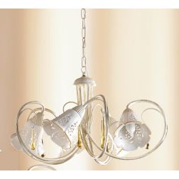 2208.5 LAMPADARIO 5 LUCI AVORIO CON PARALUMI IN CERAMICA BIANCA TRAFORATA E GOCCE IN VETRO DI MURANO MADE IN ITALY CRISTALENSI C