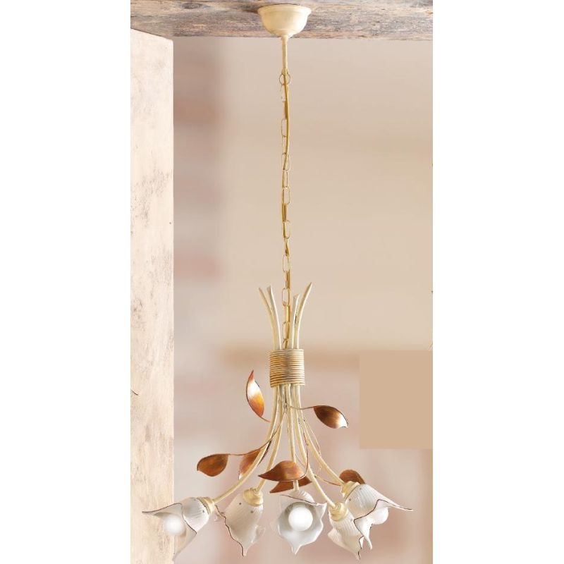 2209.5 LAMPADARIO 5 LUCI AVORIO CON PARALUMI IN CERAMICA BIANCA RIGATA E TRAFORATA MADE IN ITALY CRISTALENSI CERAMICA - Cristale