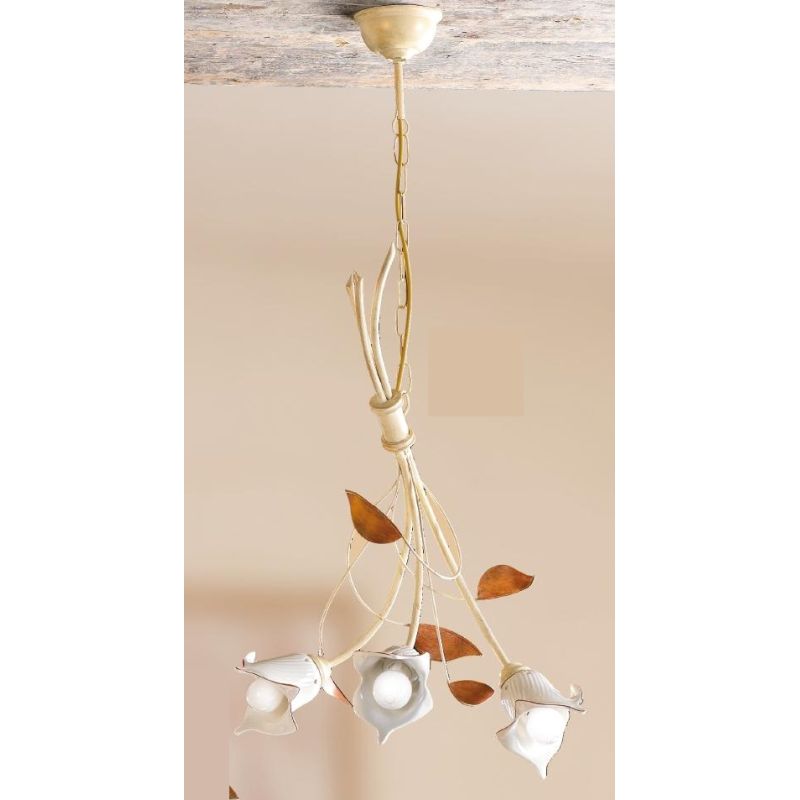 2209.3 LAMPADARIO 3 LUCI AVORIO CON PARALUMI IN CERAMICA BIANCA RIGATA E TRAFORATA MADE IN ITALY CRISTALENSI CERAMICA - Cristale