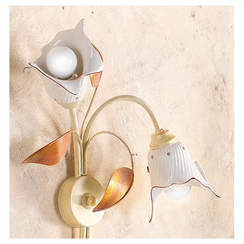 2209.A2 APPLIQUE 2 LUCI AVORIO CON PARALUMI IN CERAMICA BIANCA RIGATA E TRAFORATA MADE IN ITALY CRISTALENSI CERAMICA - Cristalen