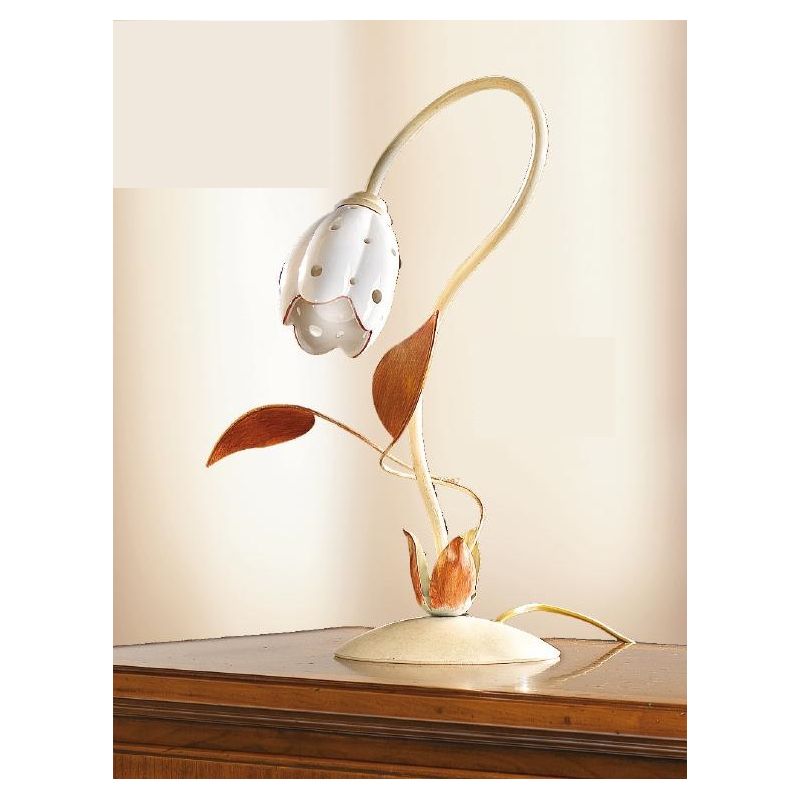 2210.L LAMPADA DA TAVOLO AVORIO CON PARALUME TULIPANO IN CERAMICA BIANCA TRAFORATA MADE IN ITALY CRISTALENSI CERAMICA - Cristale