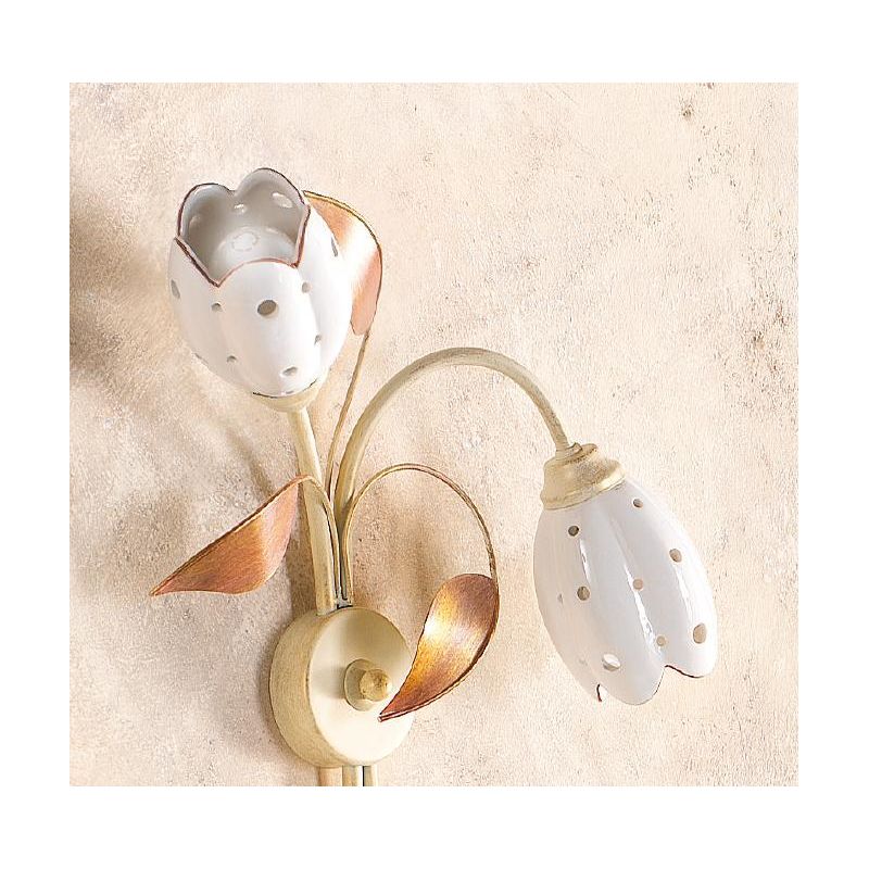 2210.A2 APPLIQUE 2 LUCI AVORIO CON PARALUMI TULIPANO IN CERAMICA BIANCA TRAFORATA MADE IN ITALY CRISTALENSI CERAMICA - Cristalen