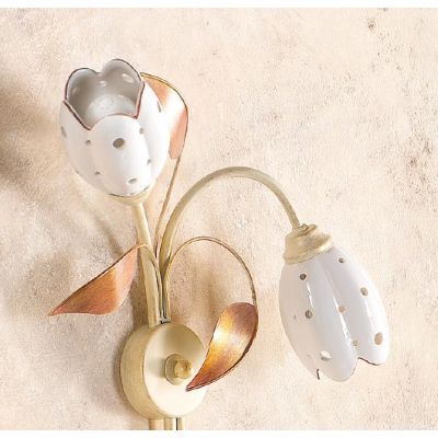 2210.A2 APPLIQUE 2 LUCI AVORIO CON PARALUMI TULIPANO IN CERAMICA BIANCA TRAFORATA MADE IN ITALY CRISTALENSI CERAMICA - Cristalen