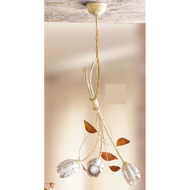 2210.3 LAMPADARIO A 3 LUCI AVORIO CON PARALUMI TULIPANO IN CERAMICA BIANCA TRAFORATA MADE IN ITALY CRISTALENSI CERAMICA - Crista