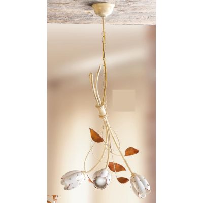 2210.3 LAMPADARIO A 3 LUCI AVORIO CON PARALUMI TULIPANO IN CERAMICA BIANCA TRAFORATA MADE IN ITALY CRISTALENSI CERAMICA - Crista