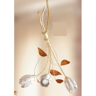 2210.3 LAMPADARIO A 3 LUCI AVORIO CON PARALUMI TULIPANO IN CERAMICA BIANCA TRAFORATA MADE IN ITALY CRISTALENSI CERAMICA - Crista