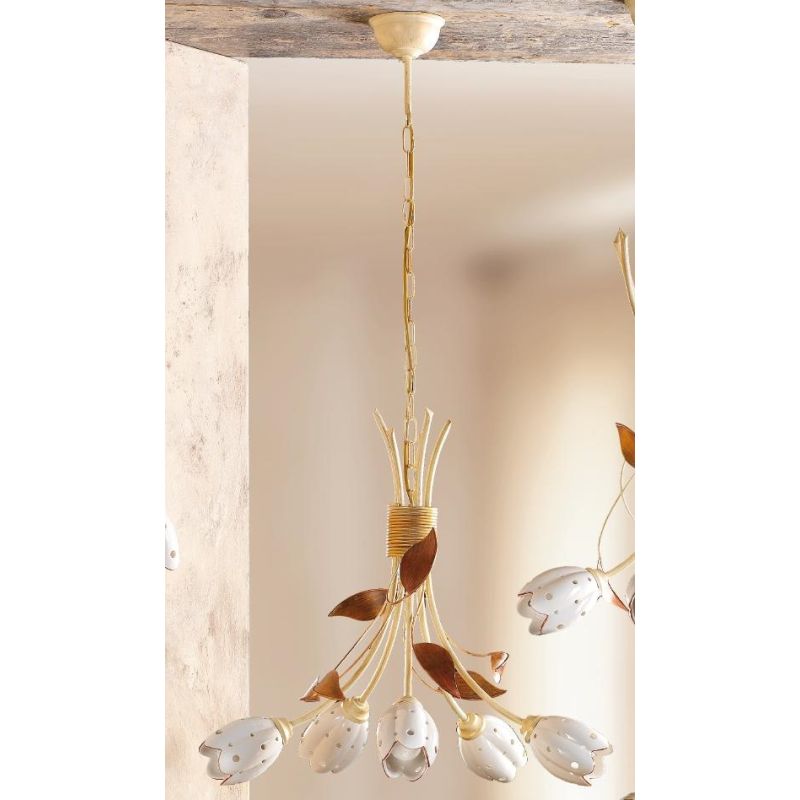 2210.5 LAMPADARIO A 5 LUCI AVORIO CON PARALUMI TULIPANO IN CERAMICA BIANCA TRAFORATA MADE IN ITALY CRISTALENSI CERAMICA - Crista