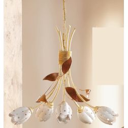 2210.5 LAMPADARIO A 5 LUCI AVORIO CON PARALUMI TULIPANO IN CERAMICA BIANCA TRAFORATA MADE IN ITALY CRISTALENSI CERAMICA - Crista