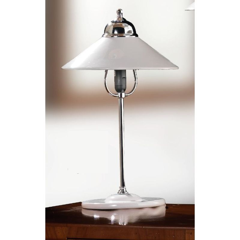 2221.L LAMPADA DA TAVOLO MODERNA IN METALLO FINITURA CROMO CON PIATTO IN CERAMICA BIANCA LUCIDA MADE IN ITALY CRISTALENSI CERAMI