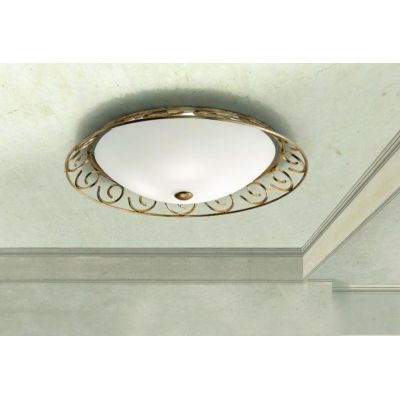 4370 PLAFONIERA DIAMETRO 65 CM IN FERRO BATTUTO FINITURA ORO INVECCHIATO CON VETRO CREMA SATINATO LAM EXPORT - Cristalensi Shop 