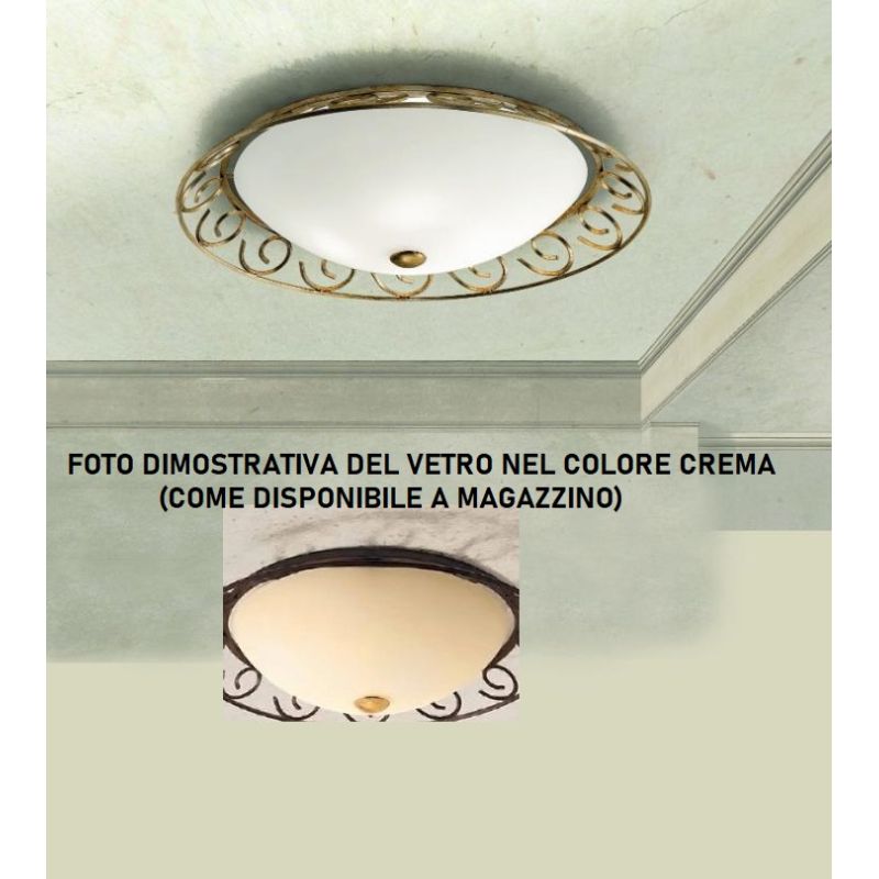 4370 PLAFONIERA DIAMETRO 65 CM IN FERRO BATTUTO FINITURA ORO INVECCHIATO CON VETRO CREMA SATINATO LAM EXPORT - Cristalensi Shop 