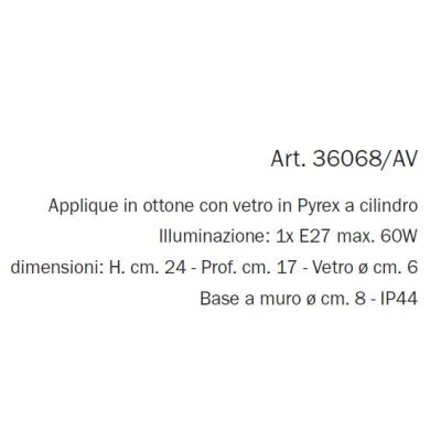 APPLIQUE DA ESTERNO IN OTTONE INVECCHIATO CON CILINDRO IN VETRO IP44 MADE IN ITALY RUSTICA DELLA IMAS IMAS - Cristalensi Shop On