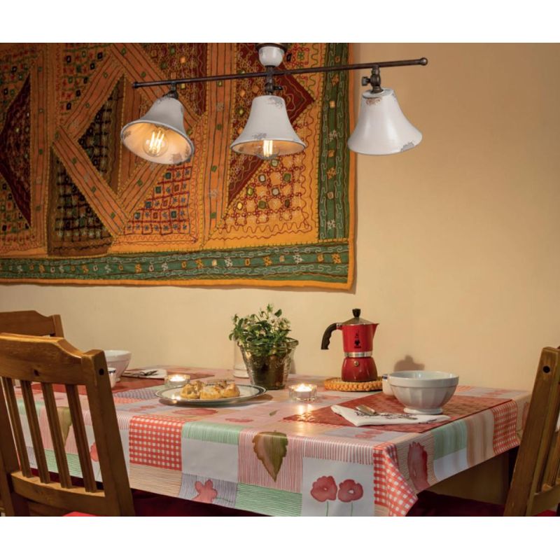 PLAFONIERA LINEARE 3 LUCI RUSTICA IN OTTONE E CERAMICA DECORATA CON SNODI MADE IN ITALY DELLA IMAS IMAS - Cristalensi Shop Onlin