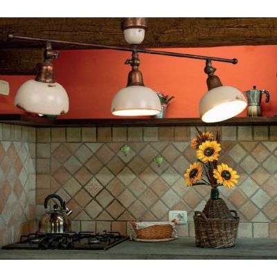 PLAFONIERA LINEARE 3 LUCI RUSTICA IN OTTONE E CERAMICA DOTATA DI SNODI MADE IN ITALY DELLA IMAS IMAS - Cristalensi Shop Online