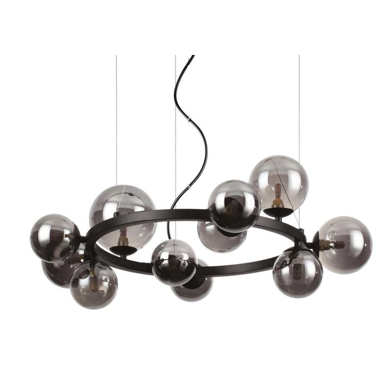 SOSPENSIONE CIRCOLARE IN METALLO CON 14 OPPURE 11 SFERE IN VETRO FUME, BIANCO O AMBRA LAMPADINE G9 INCLUSE CRISTALENSI - Cristal