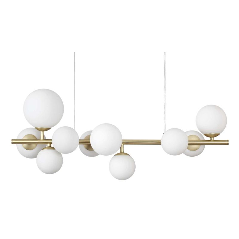 SOSPENSIONE LINEARE ORIZZONTALE IN METALLO CON 10 SFERE IN VETRO FUME, BIANCO O AMBRA LAMPADINE G9 INCLUSE CRISTALENSI - Cristal