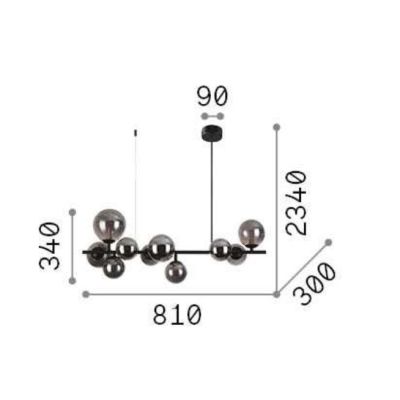 SOSPENSIONE LINEARE ORIZZONTALE IN METALLO CON 10 SFERE IN VETRO FUME, BIANCO O AMBRA LAMPADINE G9 INCLUSE CRISTALENSI - Cristal
