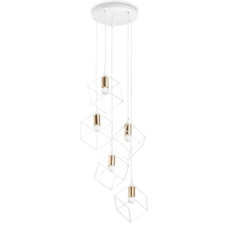 LAMPADARIO STILE VINTAGE CON 5 PENDENTI A GABBIA SOSPESI IN METALLO BIANCO E NERO CRISTALENSI - Cristalensi Shop Online