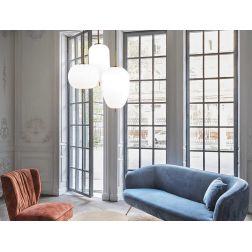 LAMPADARIO A SOSPENSIONE 3 LUCI MODERNO LED 50W LUCE 3000K IN METALLO ORO E DIFFUSORI BIANCHI CRISTALENSI - Cristalensi Shop Onl