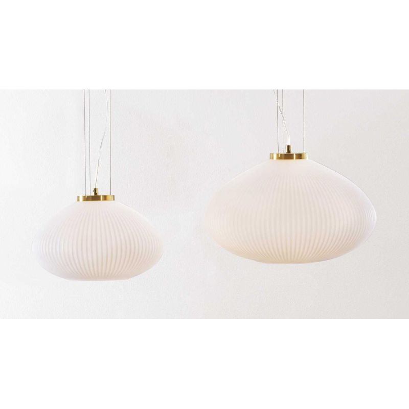 LAMPADARIO A SOSPENSIONE IN VETRO BIANCO RIGATO 2 MISURE MODERNO LAMPADINA ATTACCO E27 CRISTALENSI - Cristalensi Shop Online