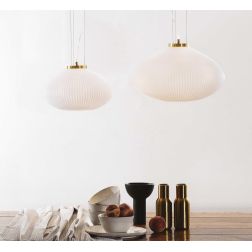 LAMPADARIO A SOSPENSIONE IN VETRO BIANCO RIGATO 2 MISURE MODERNO LAMPADINA ATTACCO E27 CRISTALENSI - Cristalensi Shop Online
