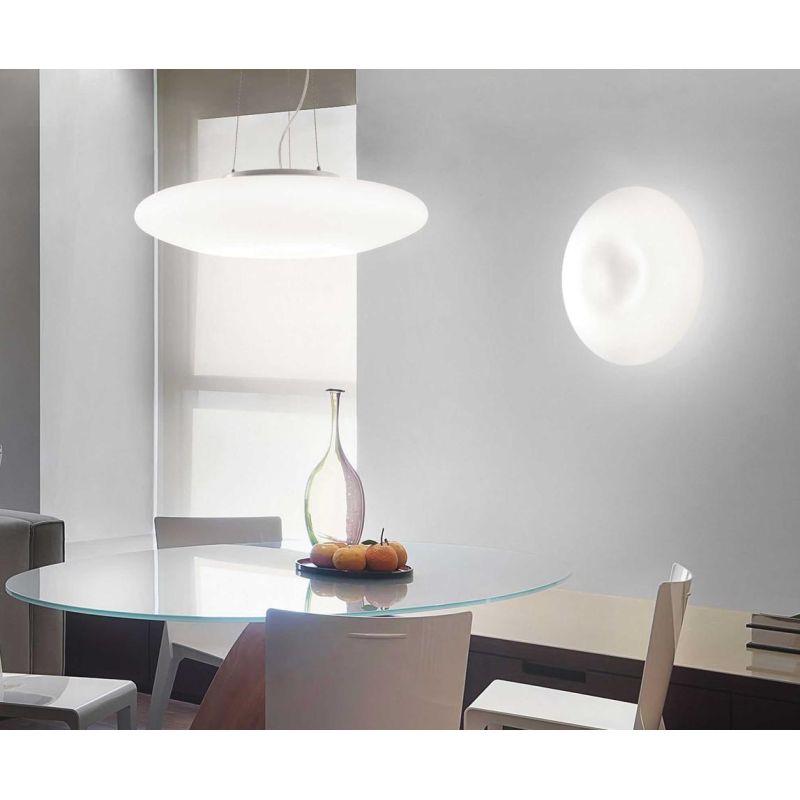 LAMPADARIO A SOSPENSIONE IN VETRO BIANCO 3 MISURE DESIGN MODERNO LAMPADINA ATTACCO E27 CRISTALENSI - Cristalensi Shop Online