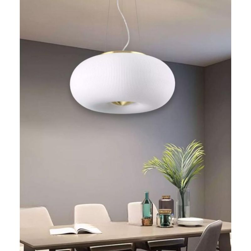 SOSPENSIONE ROTONDA IN VETRO BIANCO RIGATO 2 MISURE CON DESIGN MODERNO LAMPADINE GX53 INCLUSE CRISTALENSI - Cristalensi Shop Onl