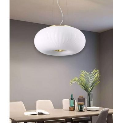SOSPENSIONE ROTONDA IN VETRO BIANCO RIGATO 2 MISURE CON DESIGN MODERNO LAMPADINE GX53 INCLUSE CRISTALENSI - Cristalensi Shop Onl