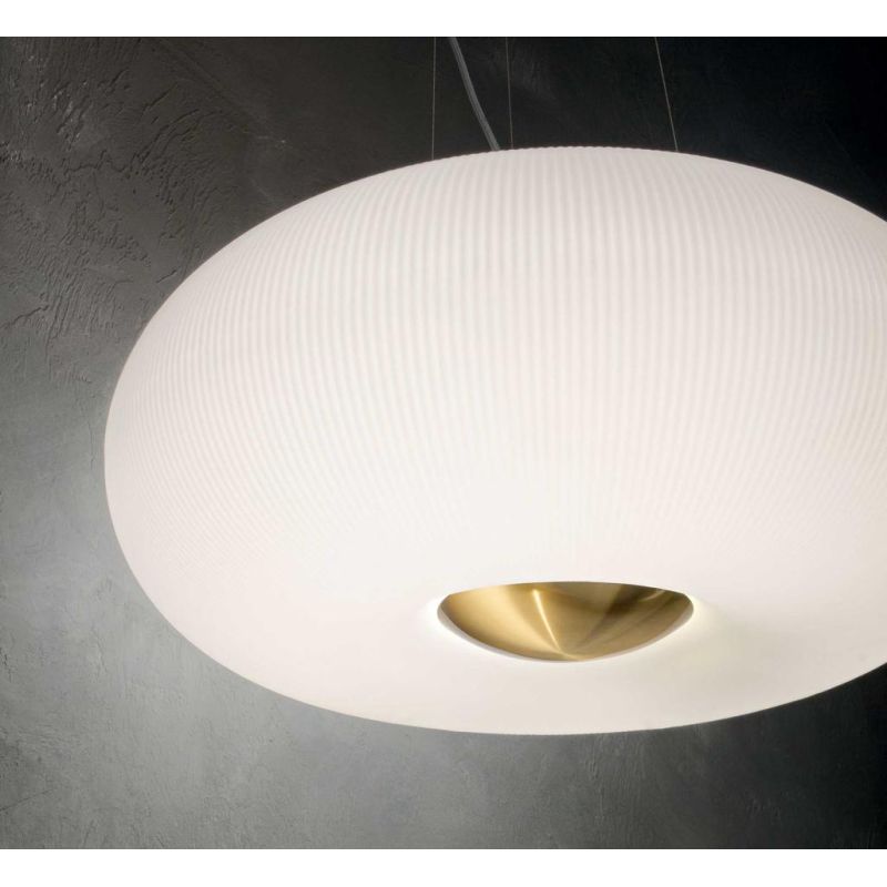 SOSPENSIONE ROTONDA IN VETRO BIANCO RIGATO 2 MISURE CON DESIGN MODERNO LAMPADINE GX53 INCLUSE CRISTALENSI - Cristalensi Shop Onl